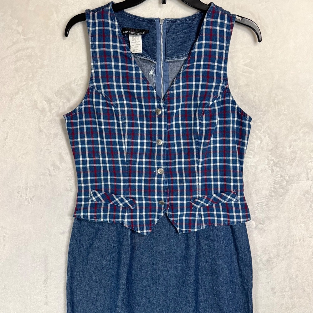 Vintage 90s Plaid Denim Midi Vest Dress Size S Jumper Cottage Teacher Ivy Preppy - Picture 13 of 15